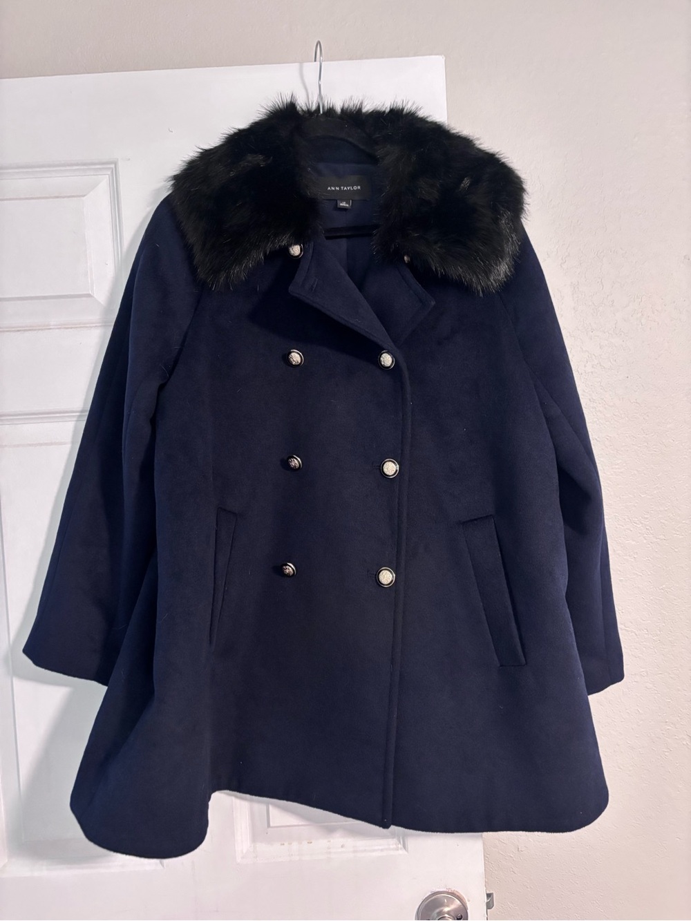 Ann Taylor Navy Double-Breasted Pea Coat with Faux Fur Trim